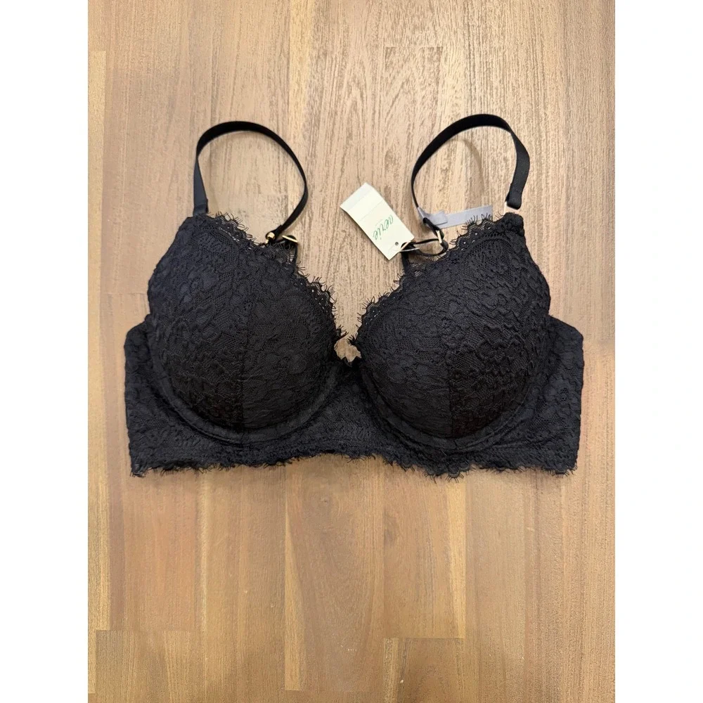 Aerie Black Lace‎ Plunge Bra Padded Underwire Eyelash Trim 34C 4898-073